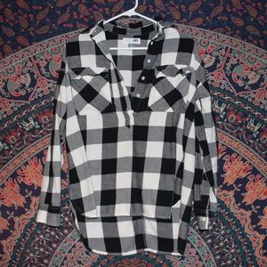 Black and White, Half Button-Up Plaid Top